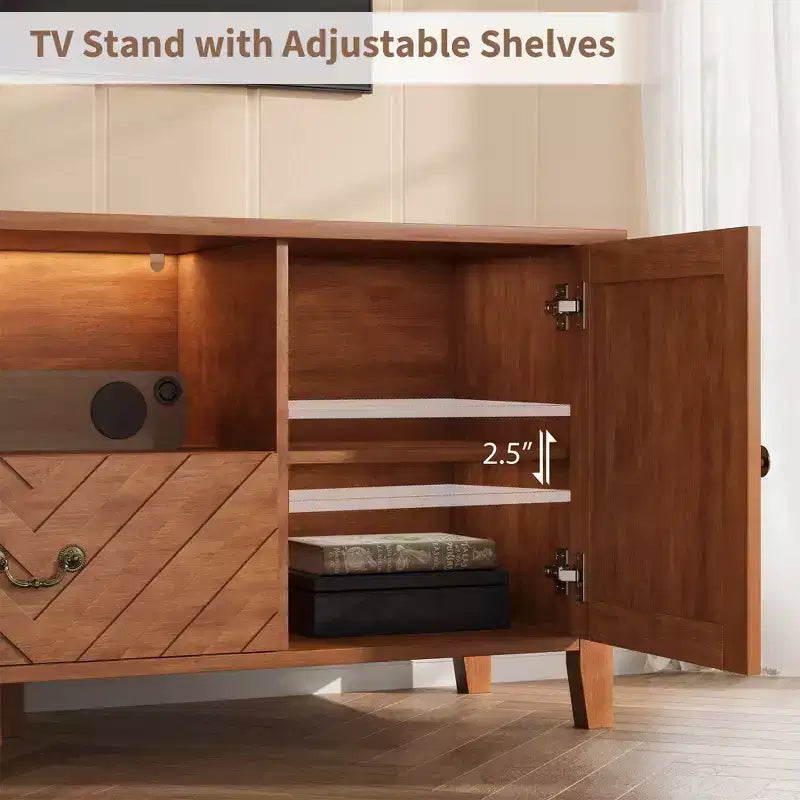 Meuble TV COZONY avec lumières LED, Table console TV rétro avec 2 compartiments de rangement et 1 tiroir, Meuble de divertissement pour salon