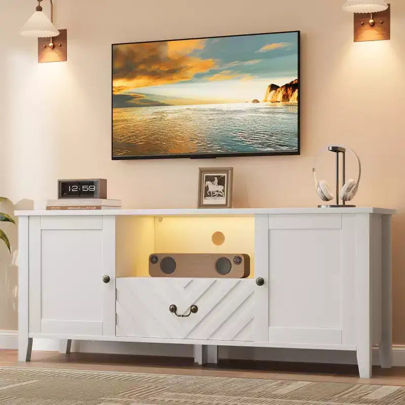 Meuble TV COZONY avec lumières LED, Table console TV rétro avec 2 compartiments de rangement et 1 tiroir, Meuble de divertissement pour salon