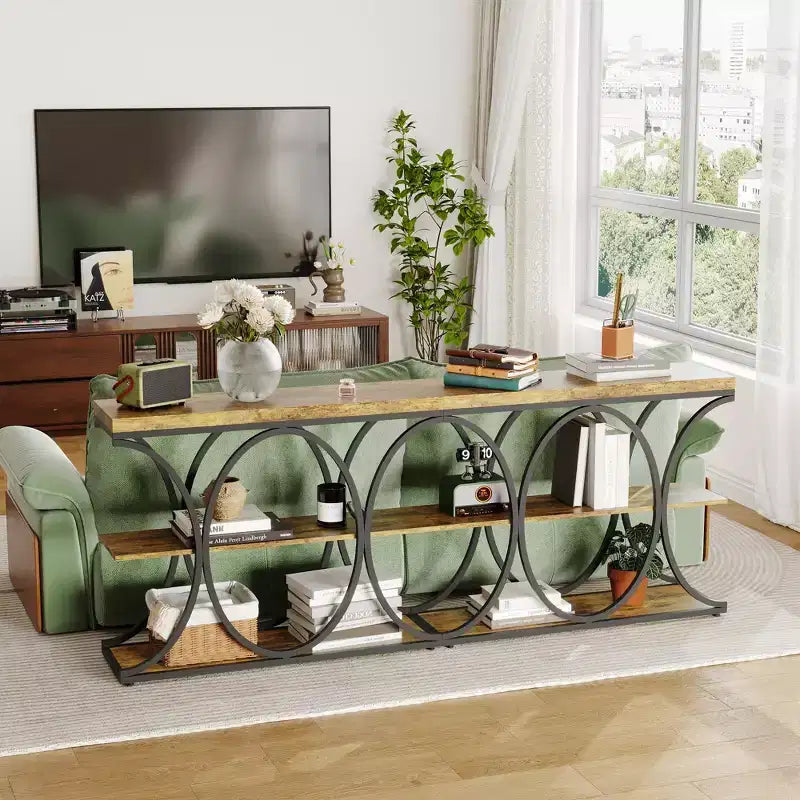 39 Table d'entrée industrielle, console 3 niveaux, table de canapé avec cadre en métal circulaire, table d'appoint avec étagères de rangement en bois, pour salon