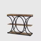 39 Table d'entrée industrielle, console 3 niveaux, table de canapé avec cadre en métal circulaire, table d'appoint avec étagères de rangement en bois, pour salon