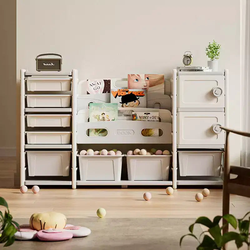 Whisen Meuble de Rangement pour Jouets pour Enfants, 8 Bacs de Rangement pour Jouets, 4 Niveaux de Rangement pour Livres et 2 Meubles de Rangement - Gris et Ivoire