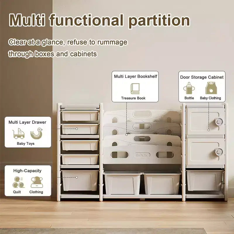Whisen Meuble de Rangement pour Jouets pour Enfants, 8 Bacs de Rangement pour Jouets, 4 Niveaux de Rangement pour Livres et 2 Meubles de Rangement - Gris et Ivoire