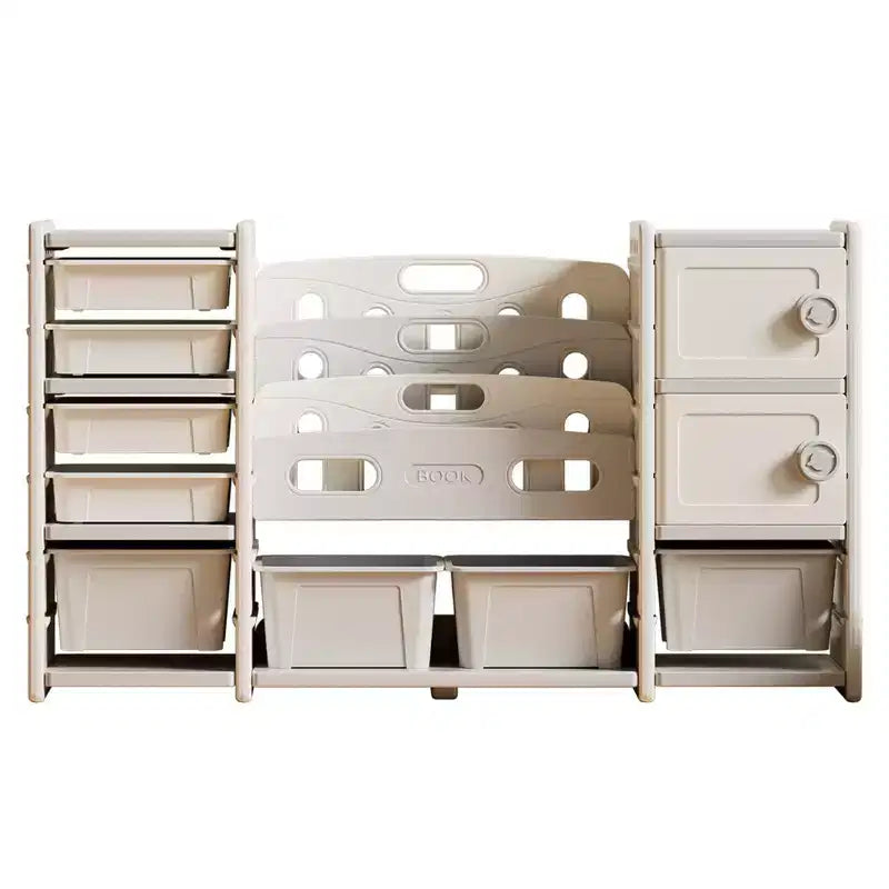 Whisen Meuble de Rangement pour Jouets pour Enfants, 8 Bacs de Rangement pour Jouets, 4 Niveaux de Rangement pour Livres et 2 Meubles de Rangement - Gris et Ivoire