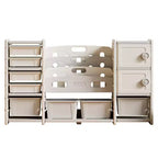 Whisen Meuble de Rangement pour Jouets pour Enfants, 8 Bacs de Rangement pour Jouets, 4 Niveaux de Rangement pour Livres et 2 Meubles de Rangement - Gris et Ivoire