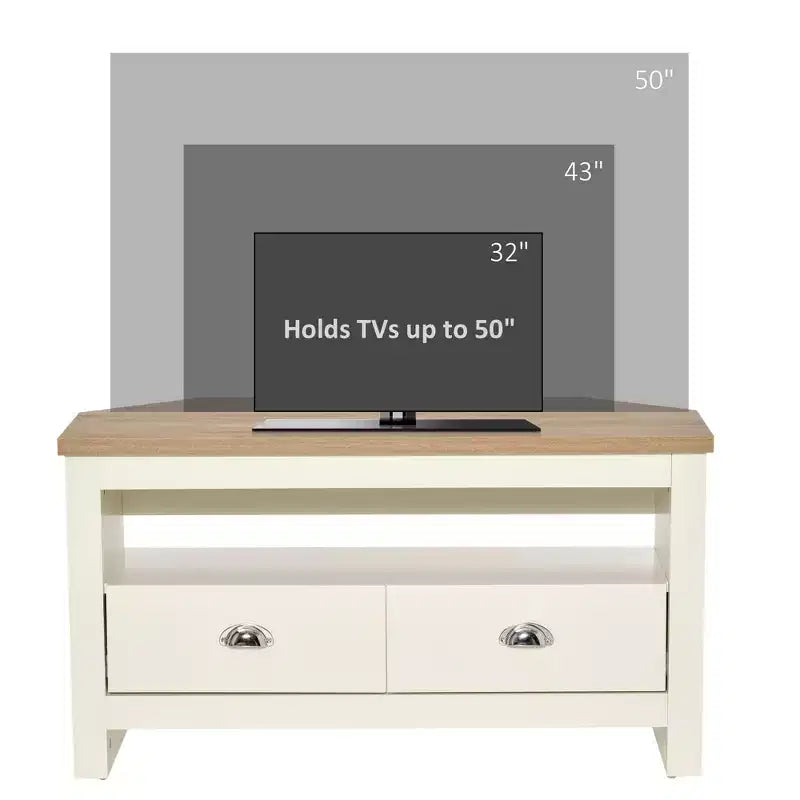 Meuble TV d'angle moderne en bois Cordoba de GDFStudio avec tiroirs et étagère ouverte