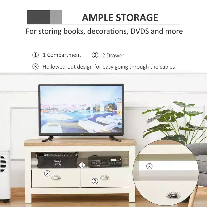 Meuble TV d'angle moderne en bois Cordoba de GDFStudio avec tiroirs et étagère ouverte