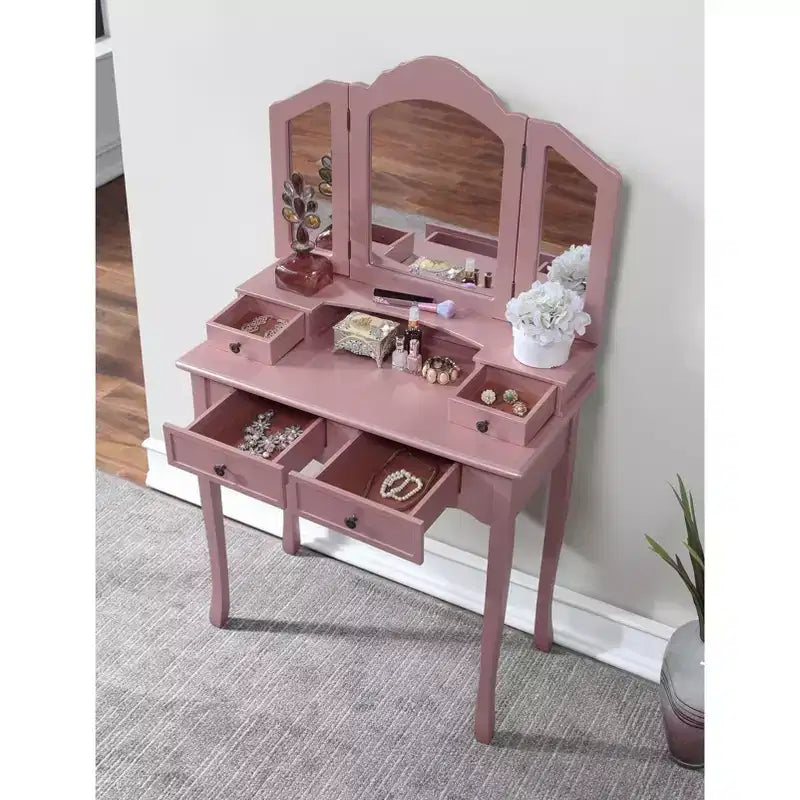 Coiffeuse et tabouret en bois Sanlo, Or rose