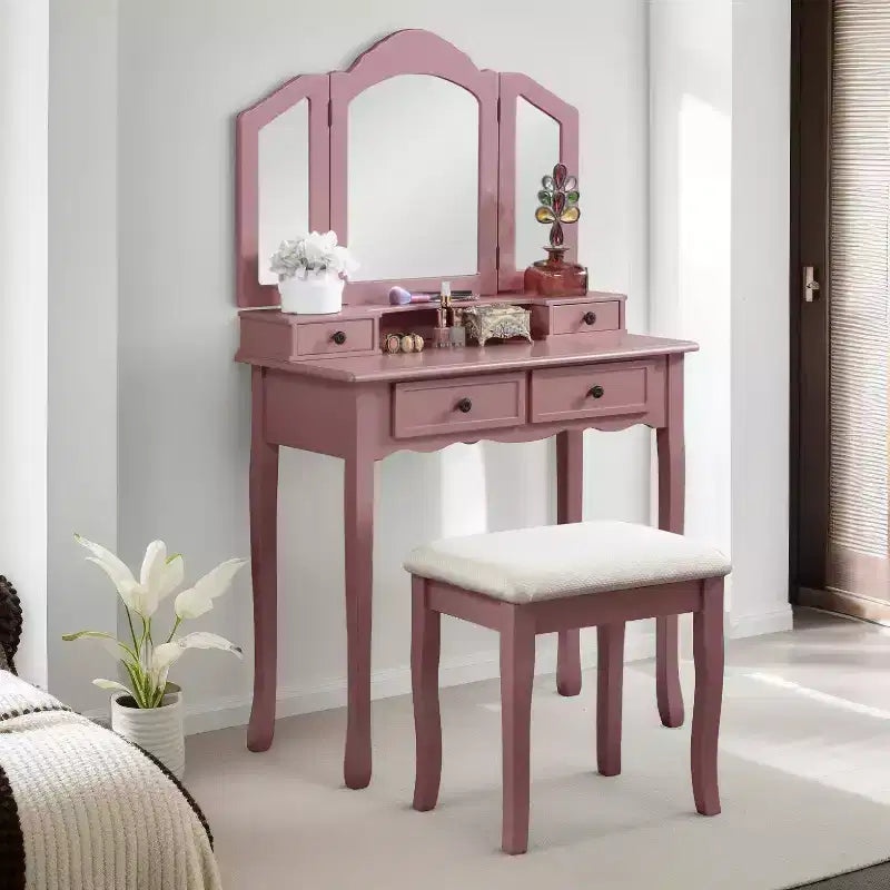 Coiffeuse et tabouret en bois Sanlo, Or rose