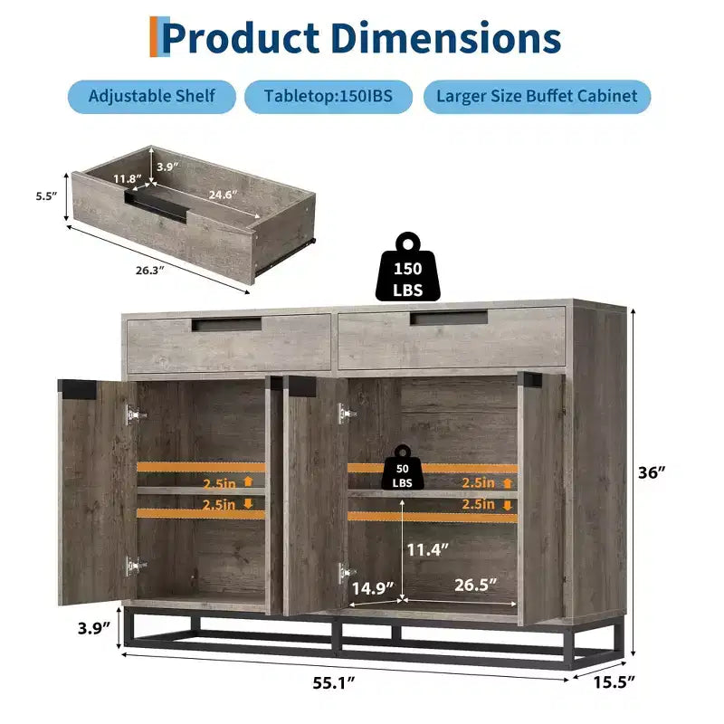 Bahut-Crédence Moderne de 55" avec 4 Portes et Base Métallique, Étagères Réglables - Meuble Bar d'Appoint pour Salle à Manger