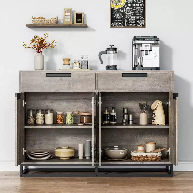Bahut-Crédence Moderne de 55" avec 4 Portes et Base Métallique, Étagères Réglables - Meuble Bar d'Appoint pour Salle à Manger