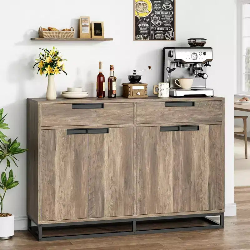 Bahut-Crédence Moderne de 55" avec 4 Portes et Base Métallique, Étagères Réglables - Meuble Bar d'Appoint pour Salle à Manger