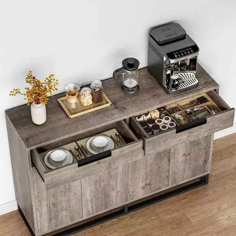 Bahut-Crédence Moderne de 55" avec 4 Portes et Base Métallique, Étagères Réglables - Meuble Bar d'Appoint pour Salle à Manger