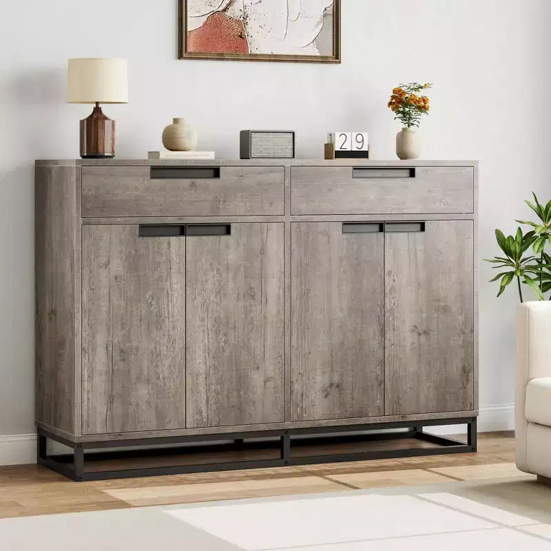 Bahut-Crédence Moderne de 55" avec 4 Portes et Base Métallique, Étagères Réglables - Meuble Bar d'Appoint pour Salle à Manger