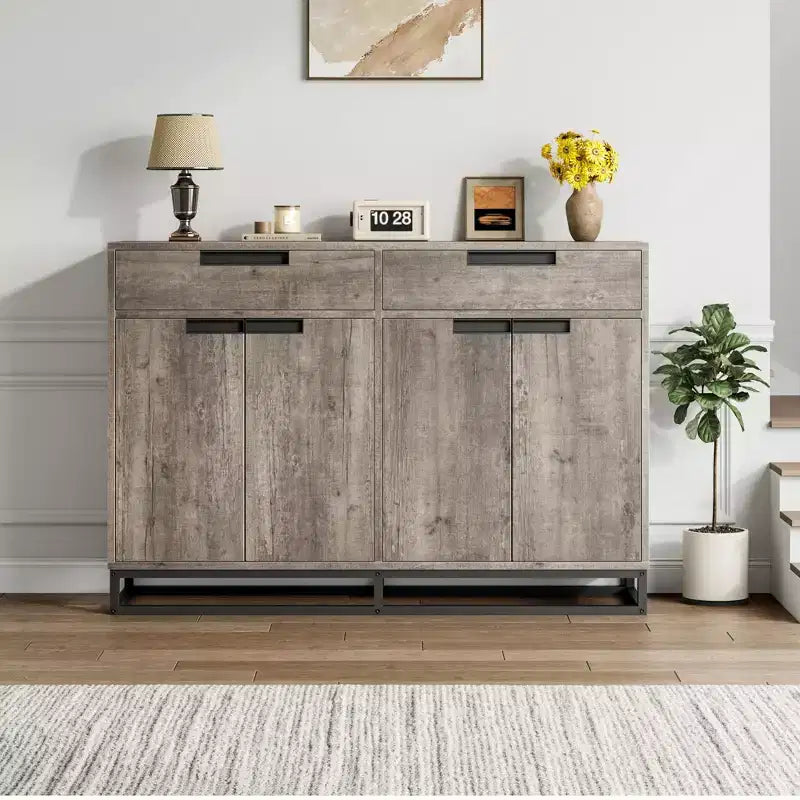 Bahut-Crédence Moderne de 55" avec 4 Portes et Base Métallique, Étagères Réglables - Meuble Bar d'Appoint pour Salle à Manger