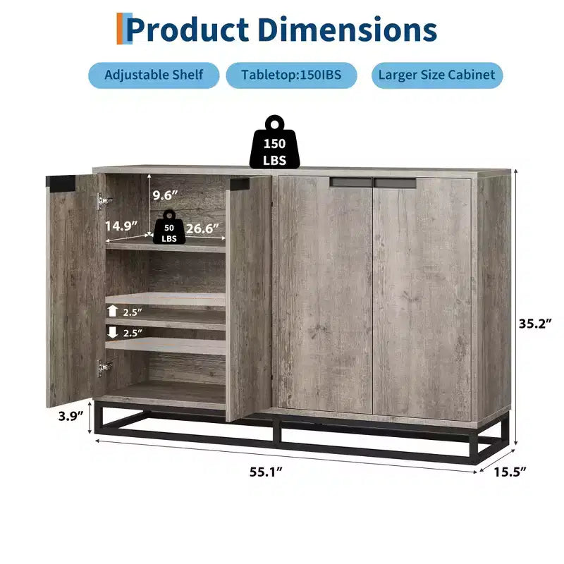 Bahut-Crédence Moderne de 55" avec 4 Portes et Base Métallique, Étagères Réglables - Meuble Bar d'Appoint pour Salle à Manger
