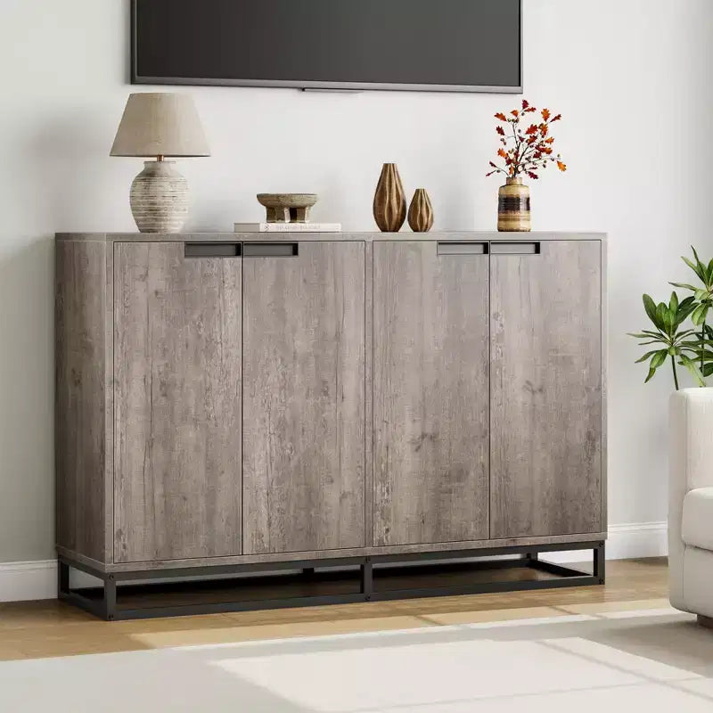 Bahut-Crédence Moderne de 55" avec 4 Portes et Base Métallique, Étagères Réglables - Meuble Bar d'Appoint pour Salle à Manger