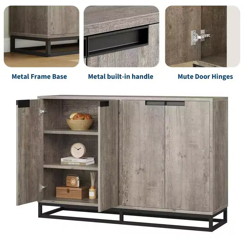 Bahut-Crédence Moderne de 55" avec 4 Portes et Base Métallique, Étagères Réglables - Meuble Bar d'Appoint pour Salle à Manger