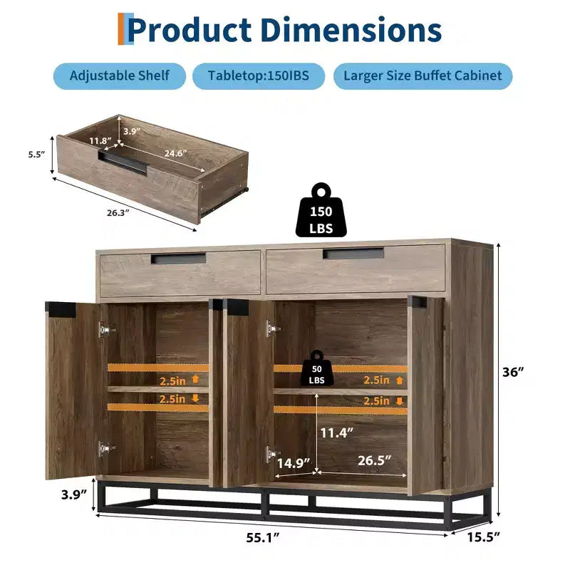 Bahut-Crédence Moderne de 55" avec 4 Portes et Base Métallique, Étagères Réglables - Meuble Bar d'Appoint pour Salle à Manger