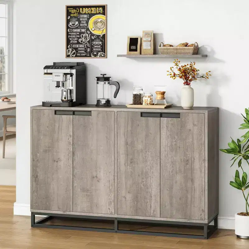 Bahut-Crédence Moderne de 55" avec 4 Portes et Base Métallique, Étagères Réglables - Meuble Bar d'Appoint pour Salle à Manger