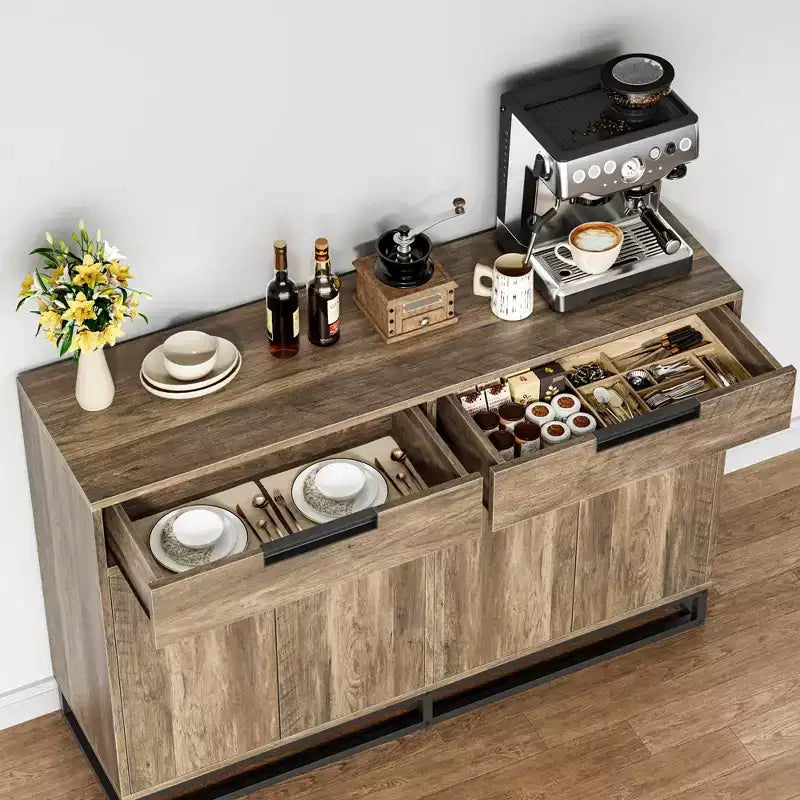 Bahut-Crédence Moderne de 55" avec 4 Portes et Base Métallique, Étagères Réglables - Meuble Bar d'Appoint pour Salle à Manger
