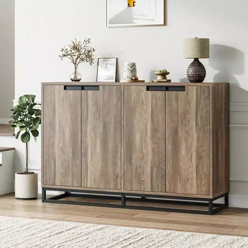 Bahut-Crédence Moderne de 55" avec 4 Portes et Base Métallique, Étagères Réglables - Meuble Bar d'Appoint pour Salle à Manger