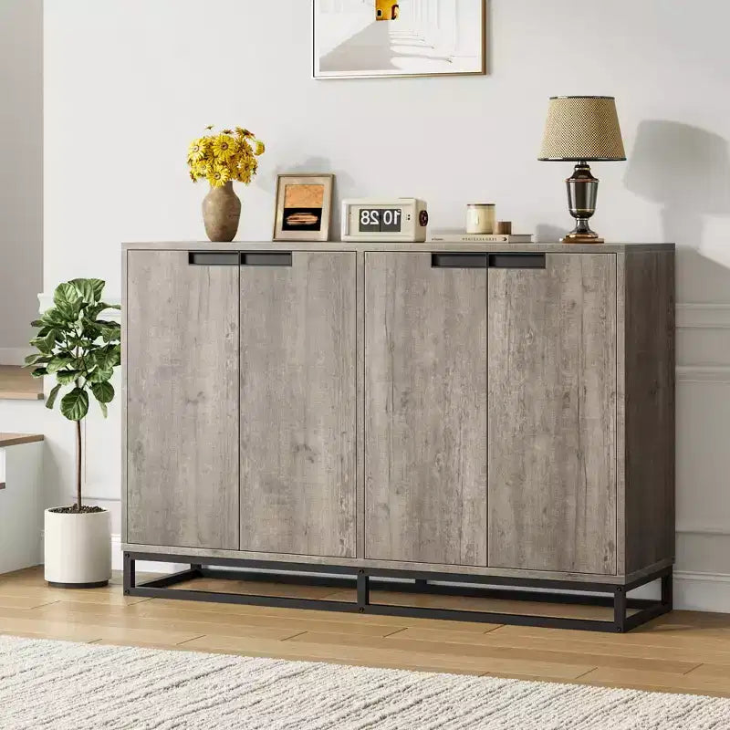 Bahut-Crédence Moderne de 55" avec 4 Portes et Base Métallique, Étagères Réglables - Meuble Bar d'Appoint pour Salle à Manger
