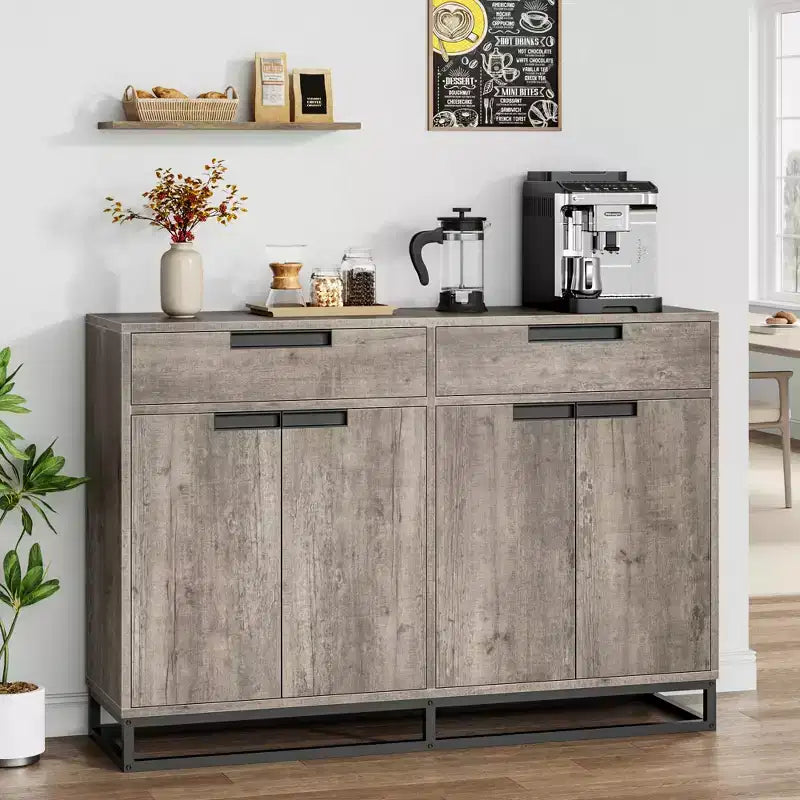 Bahut-Crédence Moderne de 55" avec 4 Portes et Base Métallique, Étagères Réglables - Meuble Bar d'Appoint pour Salle à Manger