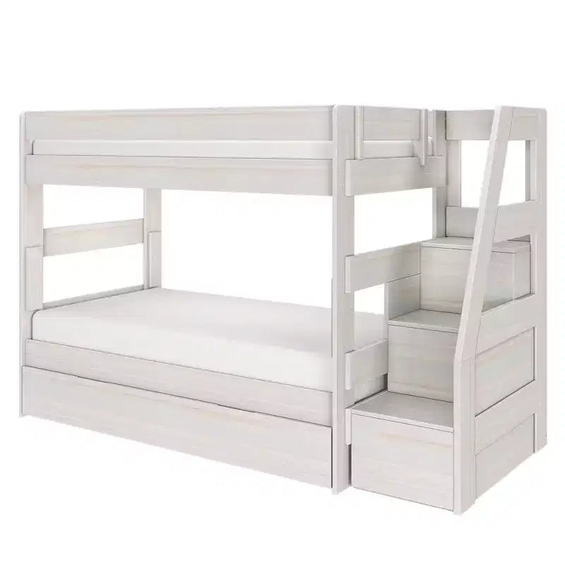 Lit superposé double sur double de style moderne campagnard avec escalier et lit gigogne