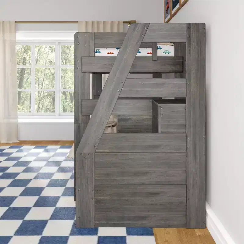Lit superposé double sur double de style moderne campagnard avec escalier et lit gigogne