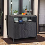 Meuble de Rangement d'Extérieur en Osier avec Étagères, Table de Bar Double Porte en Osier Imperméable Idéale pour les Patios, Bords de Piscine et Jardins