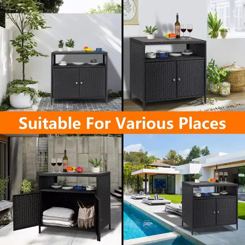 Meuble de Rangement d'Extérieur en Osier avec Étagères, Table de Bar Double Porte en Osier Imperméable Idéale pour les Patios, Bords de Piscine et Jardins