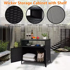 Meuble de Rangement d'Extérieur en Osier avec Étagères, Table de Bar Double Porte en Osier Imperméable Idéale pour les Patios, Bords de Piscine et Jardins