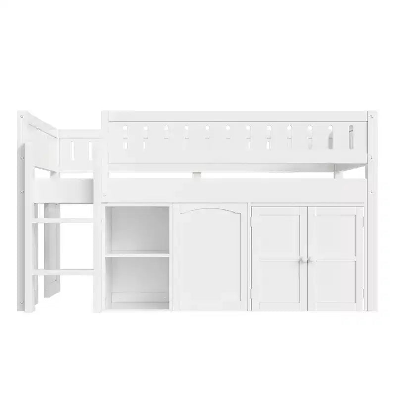 Lit mezzanine Whisen de taille standard avec armoire de rangement et tableau noir, peu encombrant et élégant