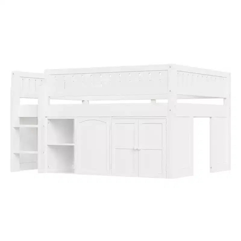 Lit mezzanine Whisen de taille standard avec armoire de rangement et tableau noir, peu encombrant et élégant