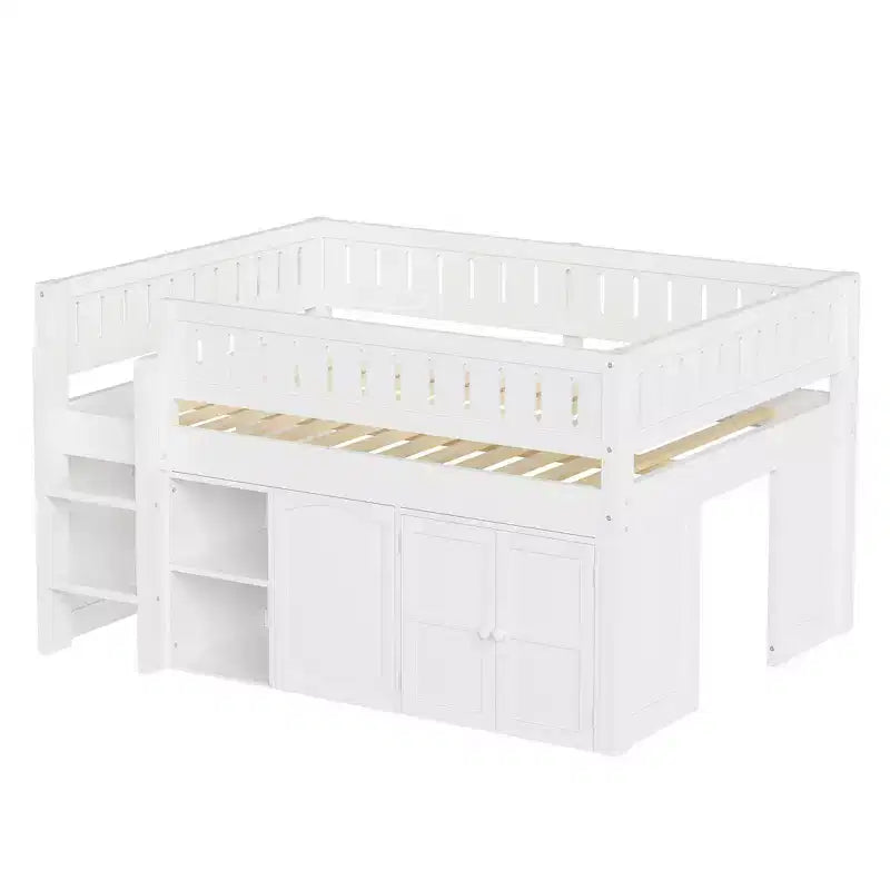 Lit mezzanine Whisen de taille standard avec armoire de rangement et tableau noir, peu encombrant et élégant