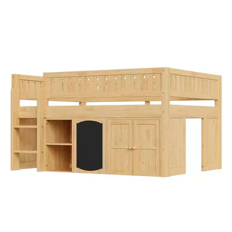 Lit mezzanine Whisen de taille standard avec armoire de rangement et tableau noir, peu encombrant et élégant
