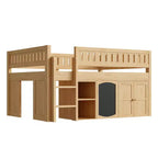 Lit mezzanine Whisen de taille standard avec armoire de rangement et tableau noir, peu encombrant et élégant