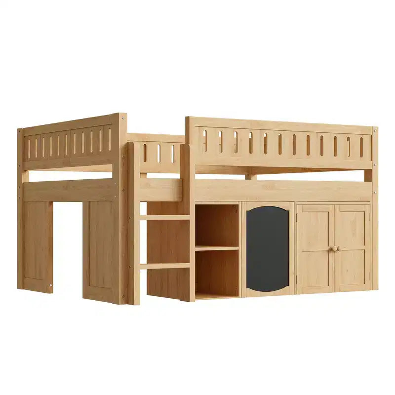 Lit mezzanine Whisen de taille standard avec armoire de rangement et tableau noir, peu encombrant et élégant