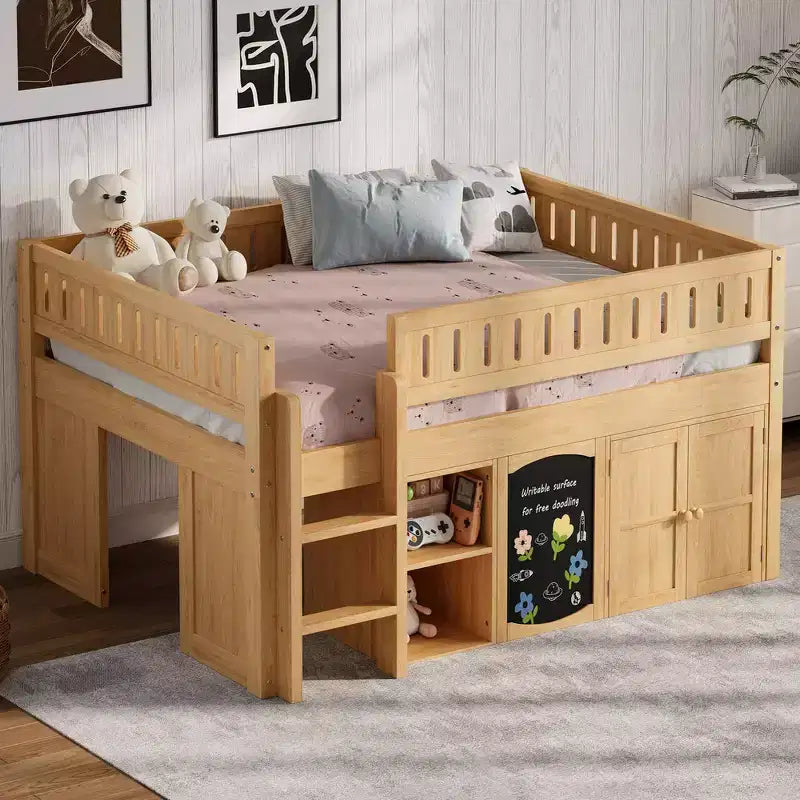 Whisen Full Size Loft Bed with Storage Cabinet and Chalkboard Panel, Space-Saving & Stylish