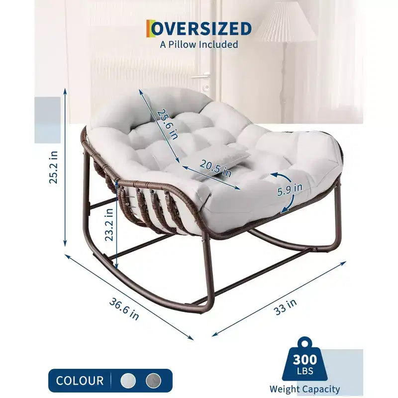 Fauteuil à bascule Papasan d'extérieur, chaise longue en osier surdimensionnée avec coussin et cadre en métal, fauteuil à bascule en rotin pour balcon, jardin, porche, chambre à coucher