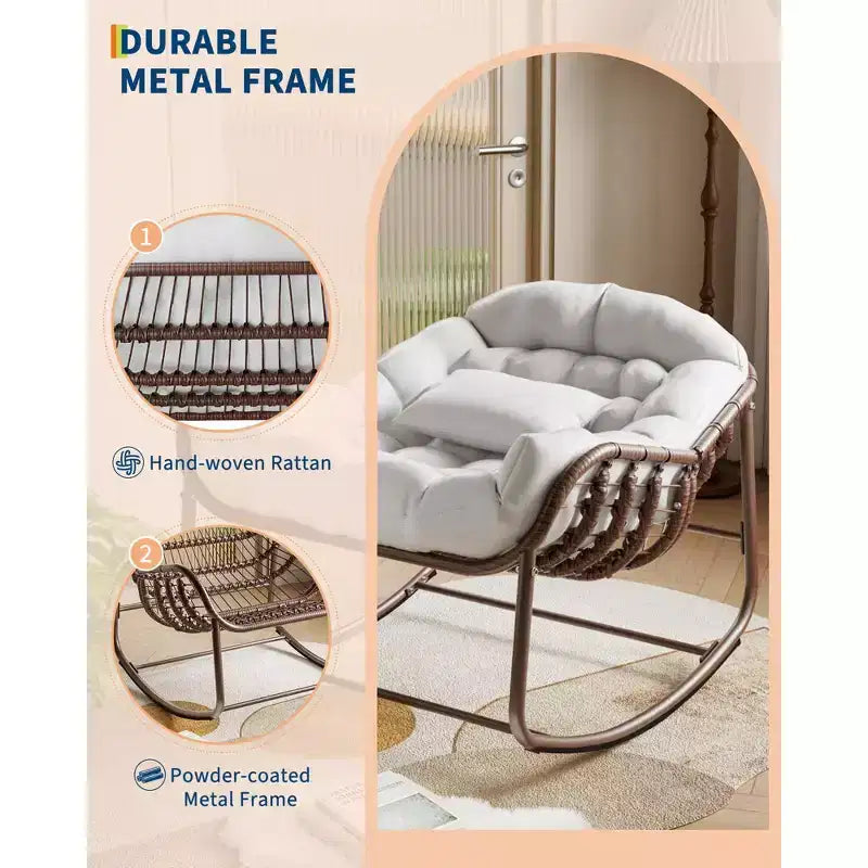 Fauteuil à bascule Papasan d'extérieur, chaise longue en osier surdimensionnée avec coussin et cadre en métal, fauteuil à bascule en rotin pour balcon, jardin, porche, chambre à coucher