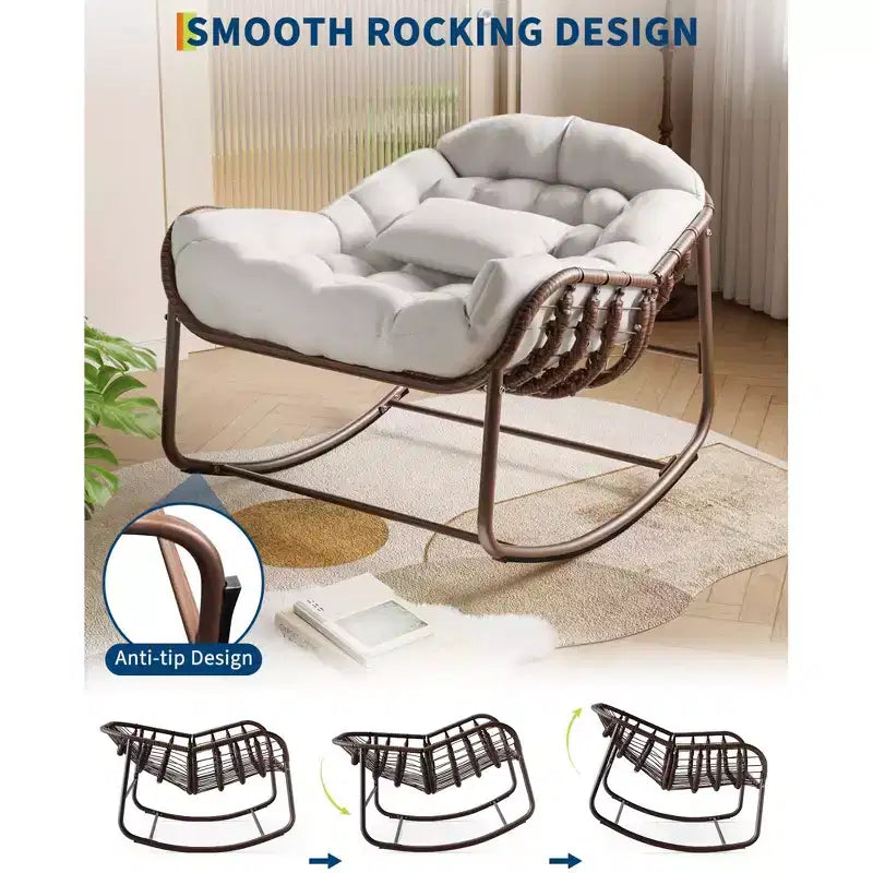 Fauteuil à bascule Papasan d'extérieur, chaise longue en osier surdimensionnée avec coussin et cadre en métal, fauteuil à bascule en rotin pour balcon, jardin, porche, chambre à coucher