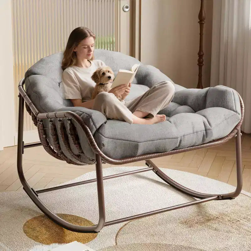 Fauteuil à bascule Papasan d'extérieur, chaise longue en osier surdimensionnée avec coussin et cadre en métal, fauteuil à bascule en rotin pour balcon, jardin, porche, chambre à coucher