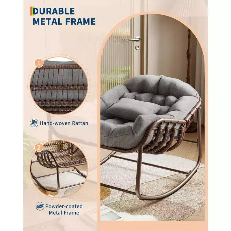 Fauteuil à bascule Papasan d'extérieur, chaise longue en osier surdimensionnée avec coussin et cadre en métal, fauteuil à bascule en rotin pour balcon, jardin, porche, chambre à coucher