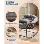 Fauteuil à bascule Papasan d'extérieur, chaise longue en osier surdimensionnée avec coussin et cadre en métal, fauteuil à bascule en rotin pour balcon, jardin, porche, chambre à coucher