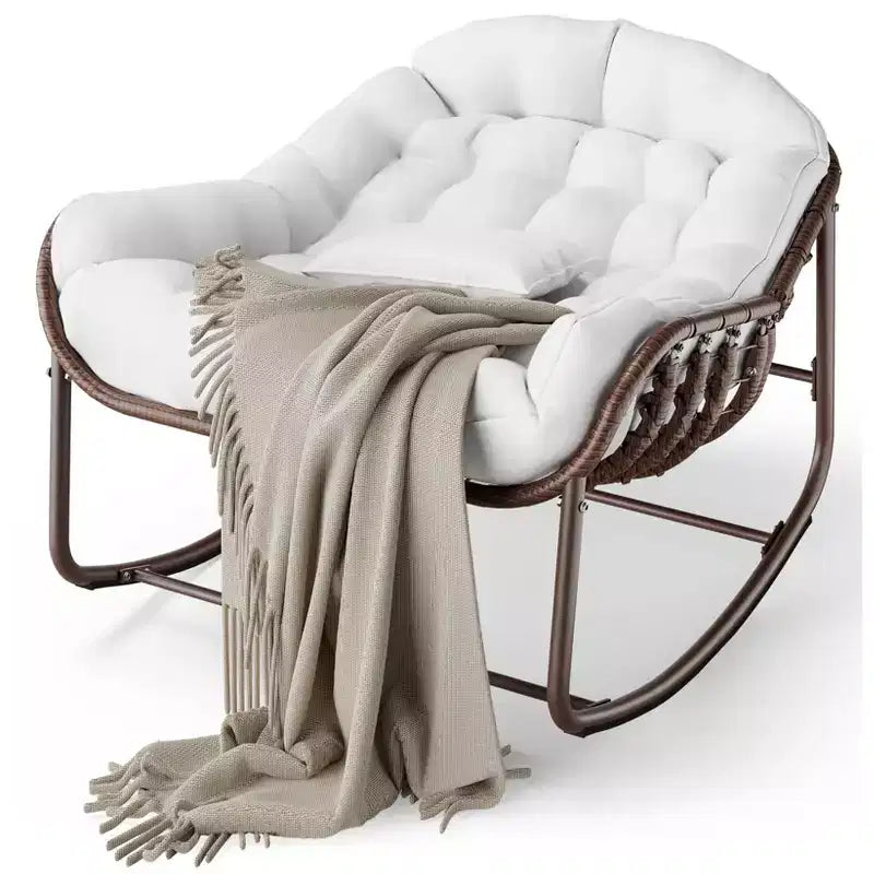 Fauteuil à bascule Papasan d'extérieur, chaise longue en osier surdimensionnée avec coussin et cadre en métal, fauteuil à bascule en rotin pour balcon, jardin, porche, chambre à coucher