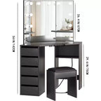 Coiffeuse d'angle avec miroir, ensemble de table de maquillage, tabouret rembourré, 5 tiroirs et étagères de rangement, coiffeuse de chambre pour femmes, noir