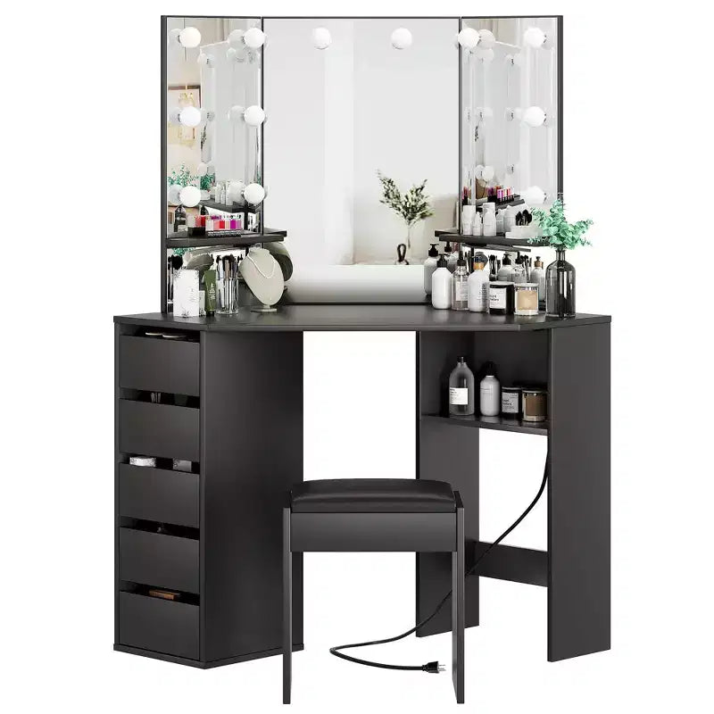 Coiffeuse d'angle avec miroir, ensemble de table de maquillage, tabouret rembourré, 5 tiroirs et étagères de rangement, coiffeuse de chambre pour femmes, noir