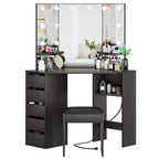Coiffeuse d'angle avec miroir, ensemble de table de maquillage, tabouret rembourré, 5 tiroirs et étagères de rangement, coiffeuse de chambre pour femmes, noir