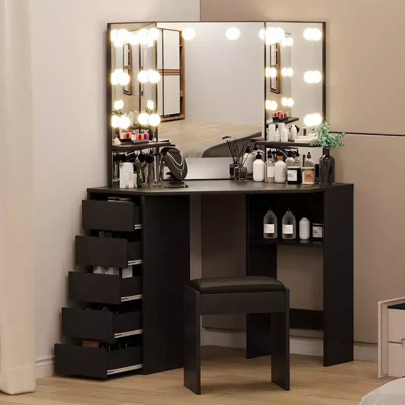 Coiffeuse d'angle avec miroir, ensemble de table de maquillage, tabouret rembourré, 5 tiroirs et étagères de rangement, coiffeuse de chambre pour femmes, noir